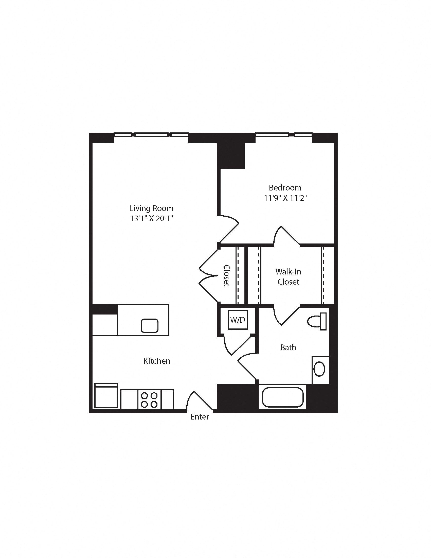 Floor plan for 1 bed, 1 bath, 798 sqft